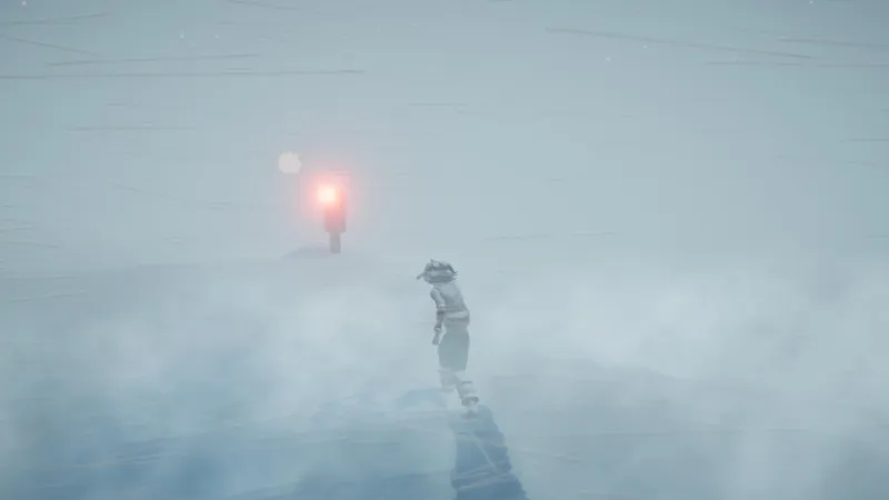 A still from A Pizza Delivery showing a blizzard scene, with the character seen trudging through low visibility toward the red light of a pay phone