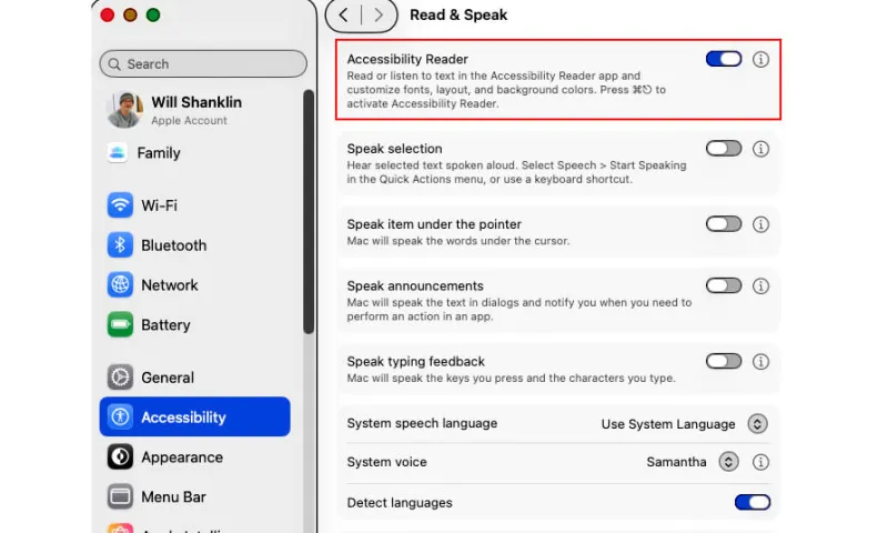 The Accessibility Reader settings toggle on macOS.