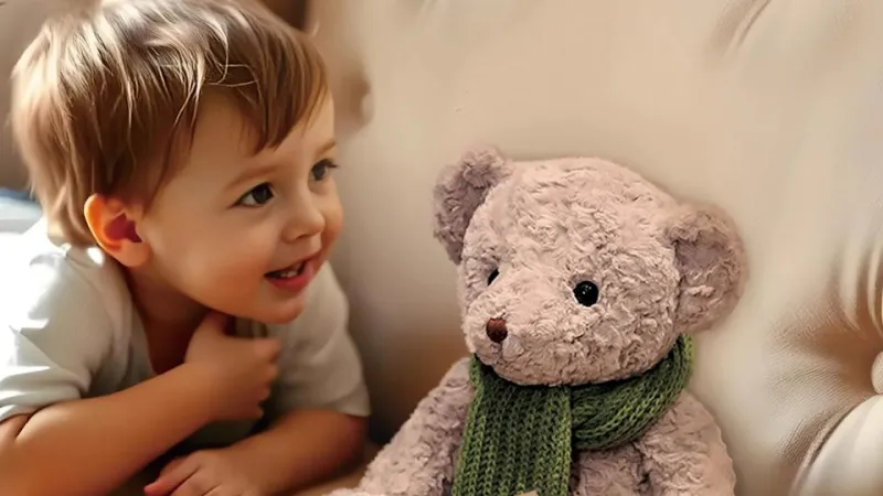 Marketing photo of a child grinning, looking at a teddy bear on a counch.