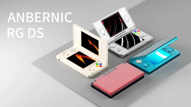 Anbernic&#39;s RG DS in four colorways, including white, transparent, blue and red/black.