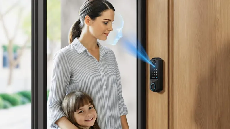 Product lifestyle photo of a mother and daughter using a mounted smart lock. A graphical overlay illustrates the lock scanning her face.