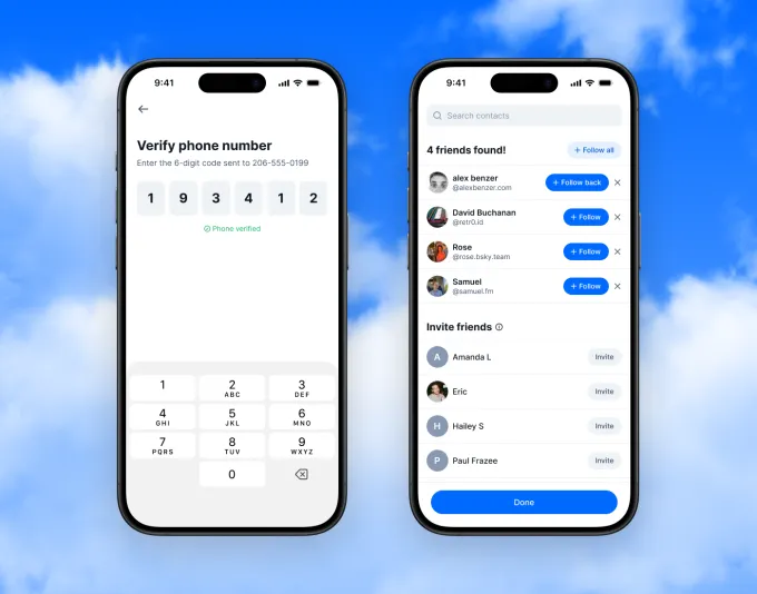 Скриншоты, демонстрирующие функцию сопоставления контактов в Bluesky