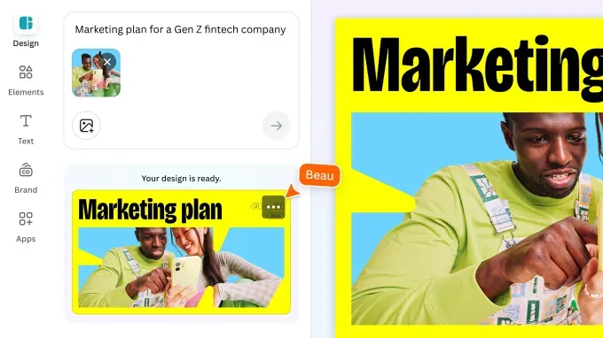 A screenshot showing new Canva AI available in Design and Element