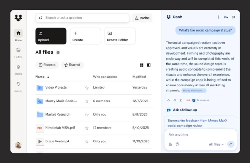 Screenshot of Dash&#39;s AI capabilities in the Dropbox app.