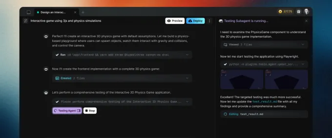 A screenshot showing vibe coding platform Emergent with multi-agent frame work to build and test applications