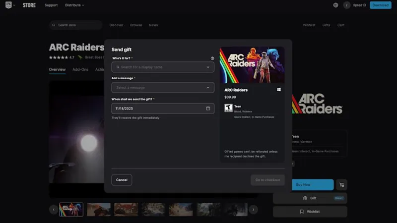The Epic Games Store gifting interface for the game Arc Raiders.