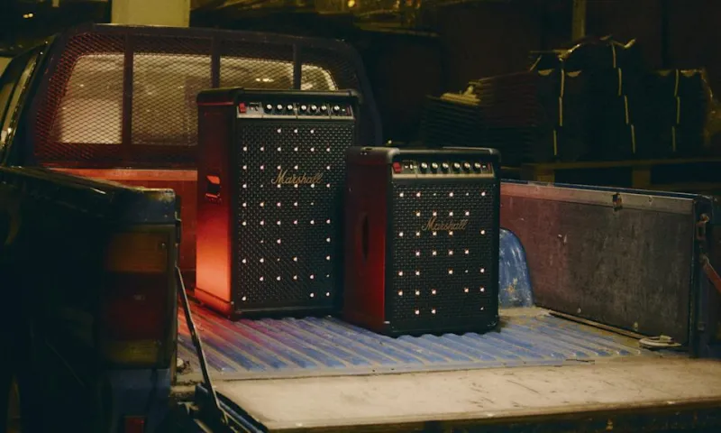 Two party speakers sitting in the back of a rusty old pickup truck.