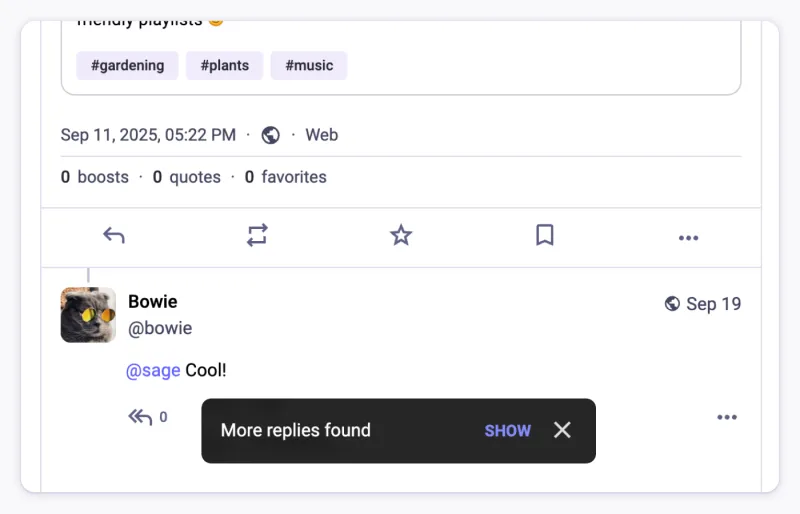 Скриншот, показывающий "найдено больше ответов" в ответ на цитируемый пост.