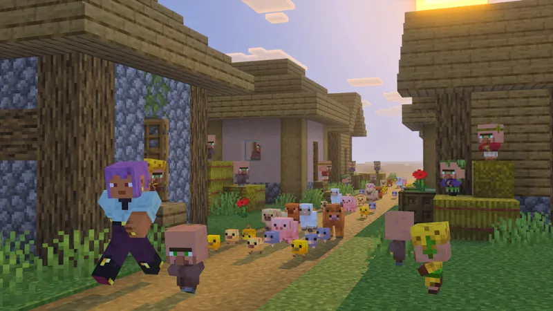 Screenshot from Minecraft. A character walks through a village, followed by a gaggle of babies of various species.