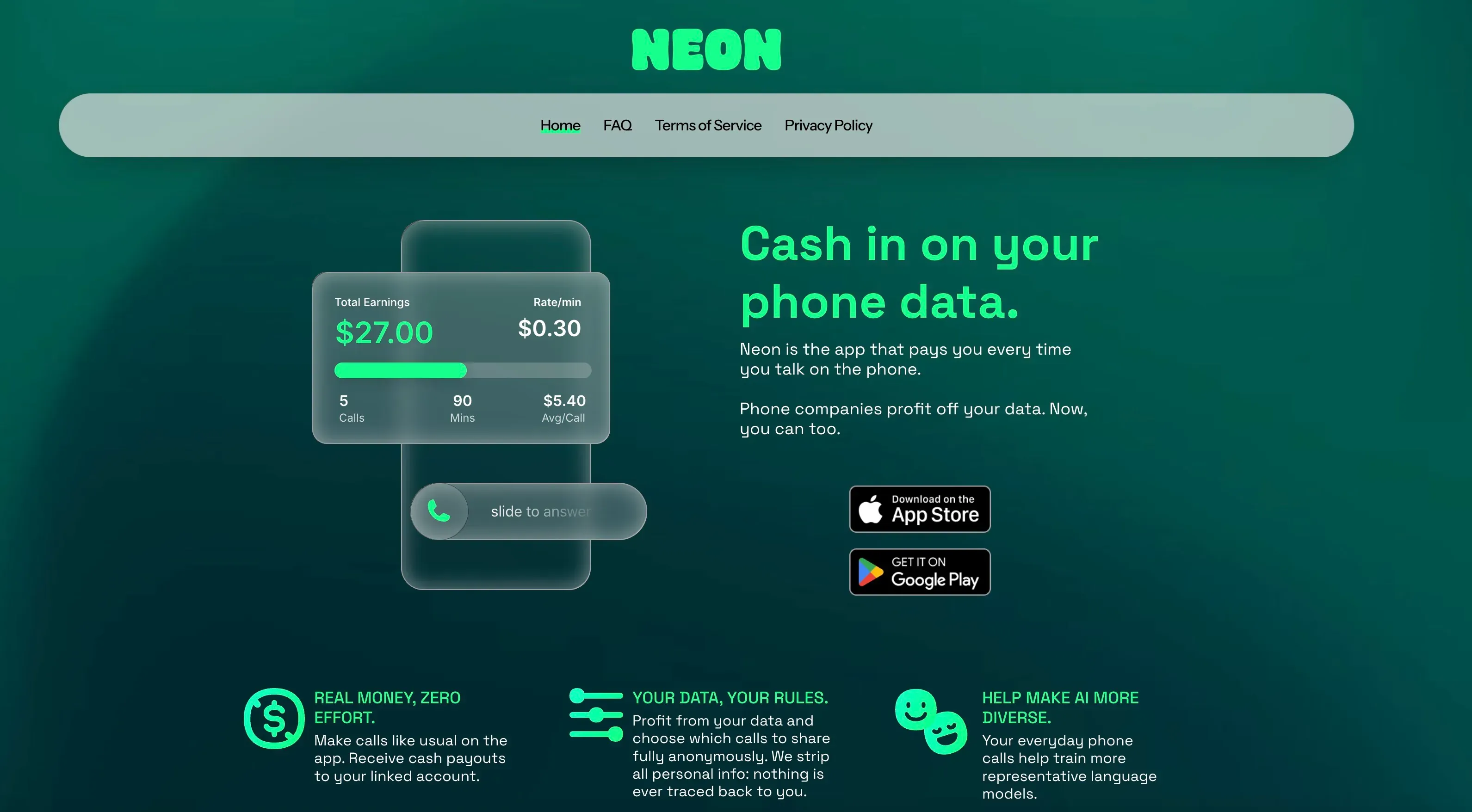 a screenshot showing Neon Mobile's website