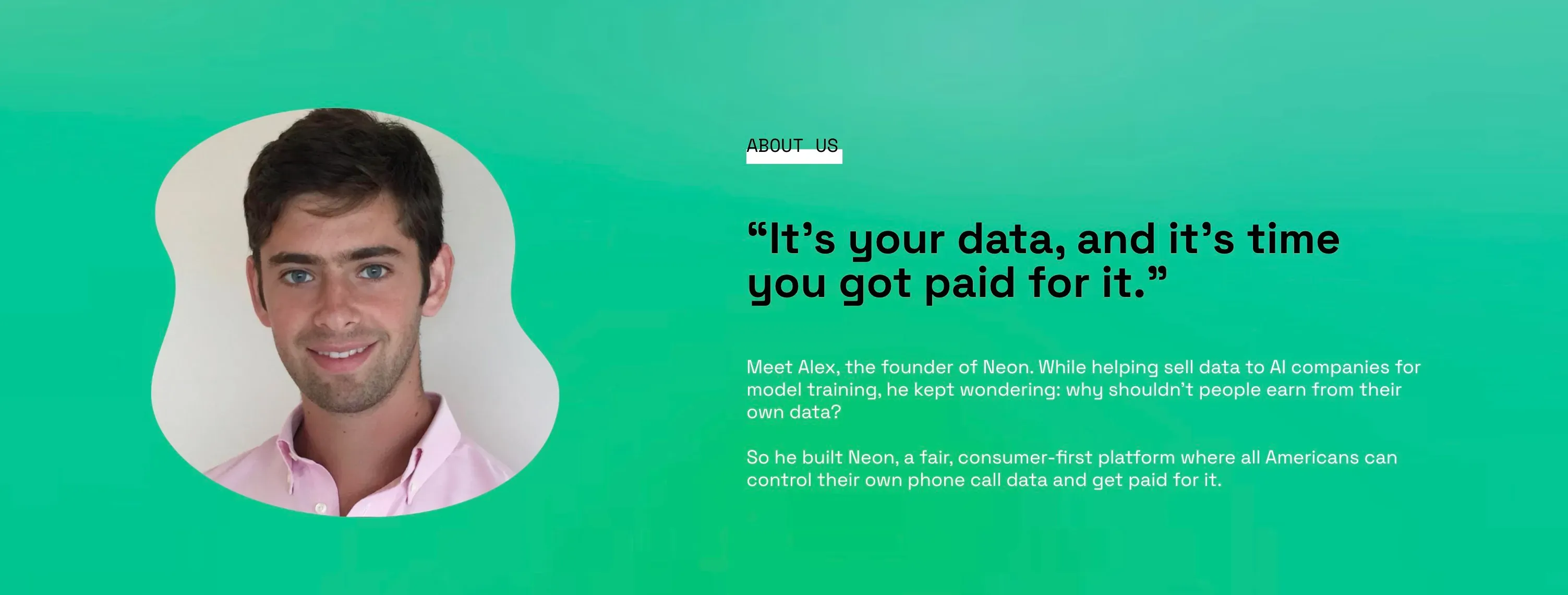 Neon mobile website screenshot showing founder "Alex"