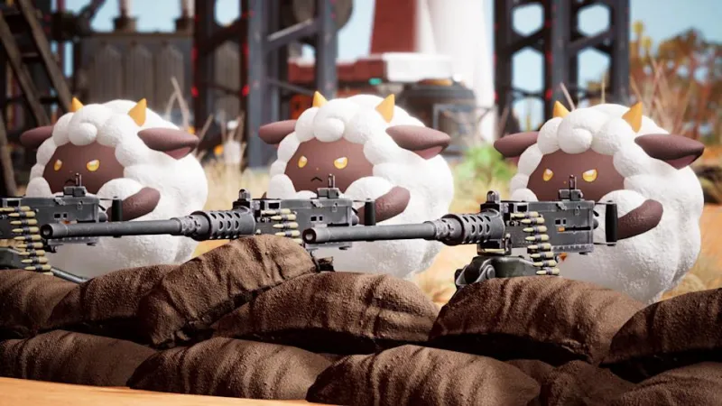 Sheep with guns in the game Palworld.