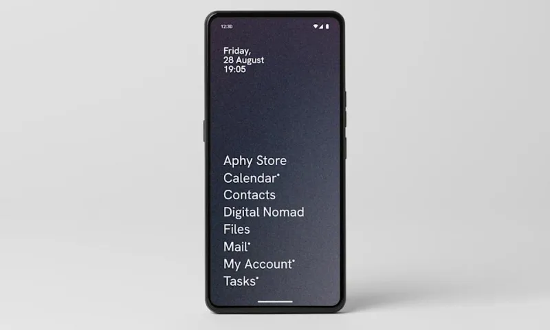Marketing image of the Punkt MC03 phone. A dark UI shows text shortcuts for common apps and tasks.