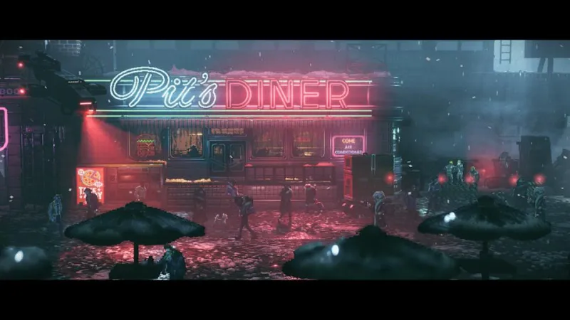 Gaming still from Replaced. &quot;Pit&#39;s Diner,&quot; set in a dystopian cyberpunk world (pixel art). Various shady characters mill about.