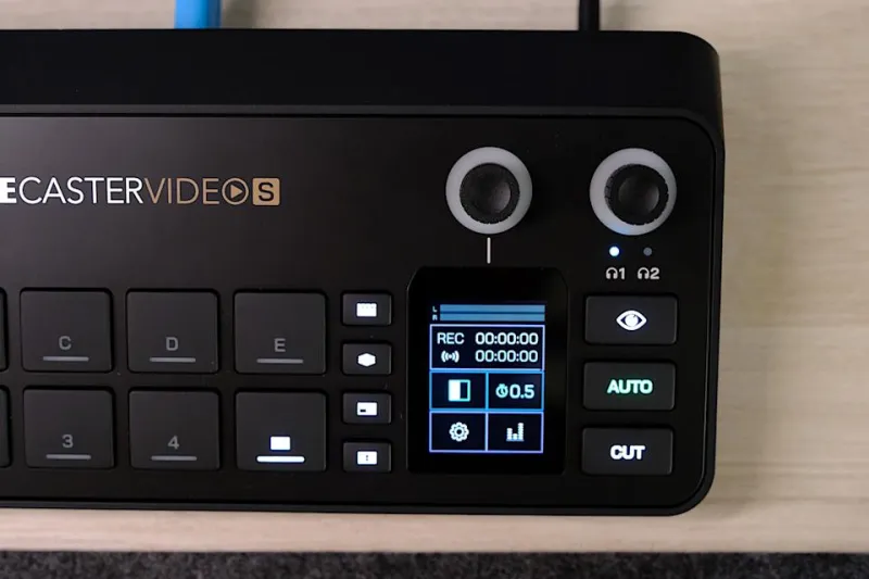 The Rodecaster Video S has a tiny display for menus and settings. 