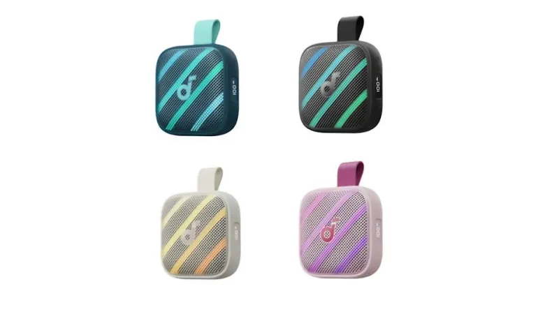 Four different colors of the square Soundcore Boom Go 3i speaker.