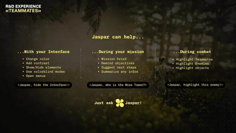 A screen from Ubisoft Teammates showing the different things the Jaspar AI can do in-game.