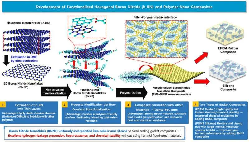 Leak-proof gasket with functionalized boron nitride nanoflakes enhances performance and durability
