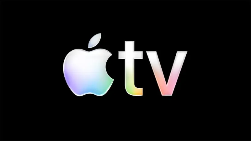 Логотип Apple TV с эффектом жидкого стекла на чёрном фоне