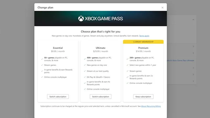 The menu for switch subscriptions Microsoft displays when you try and manage your Game Pass subscription.