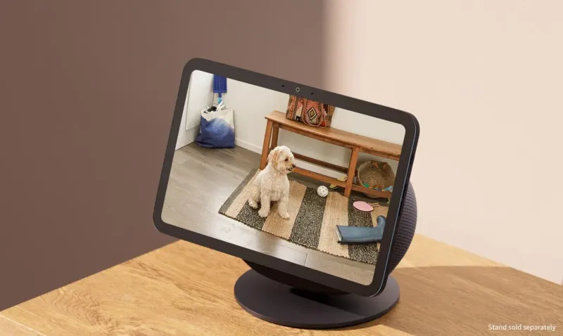 Новый Amazon Echo Show с дисплеем, показывающим фото собаки на ковре